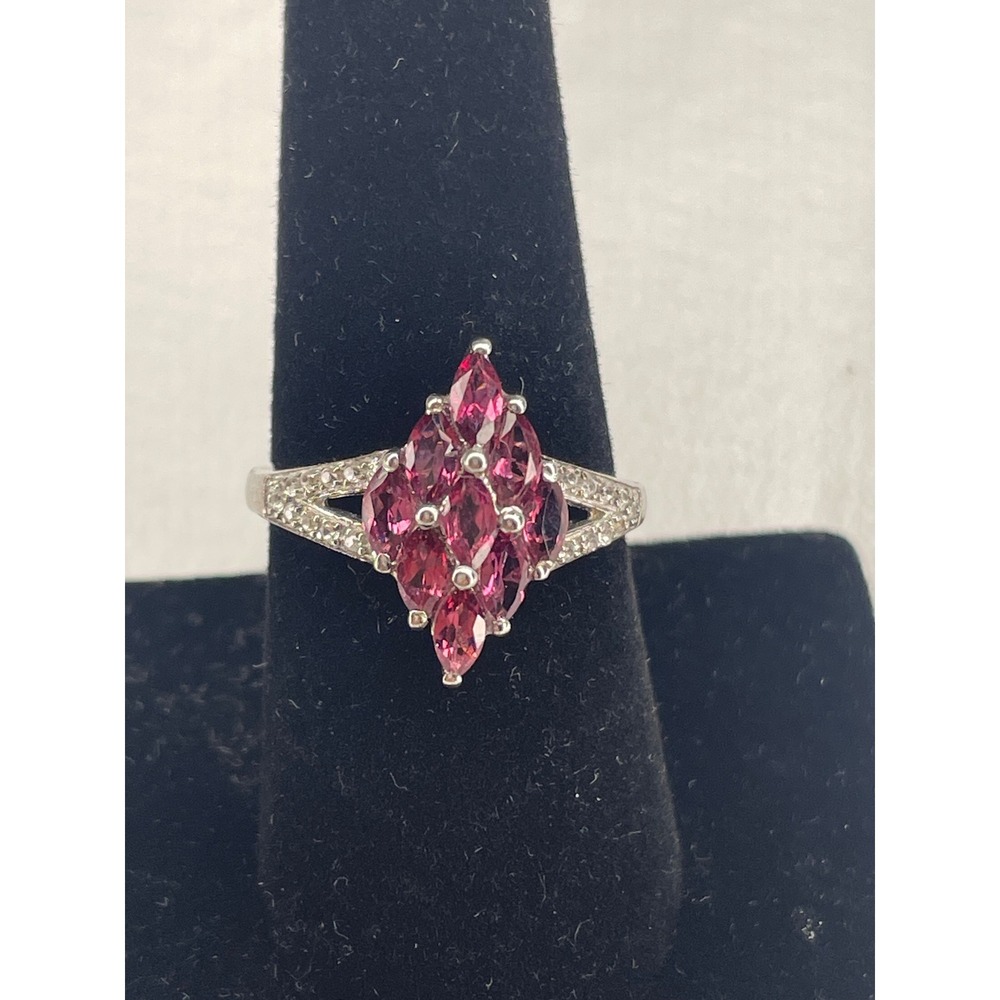 Sterling Silver 925 Pink Rhodolite Garnet Marquise Cluster Statement Ring Size 8